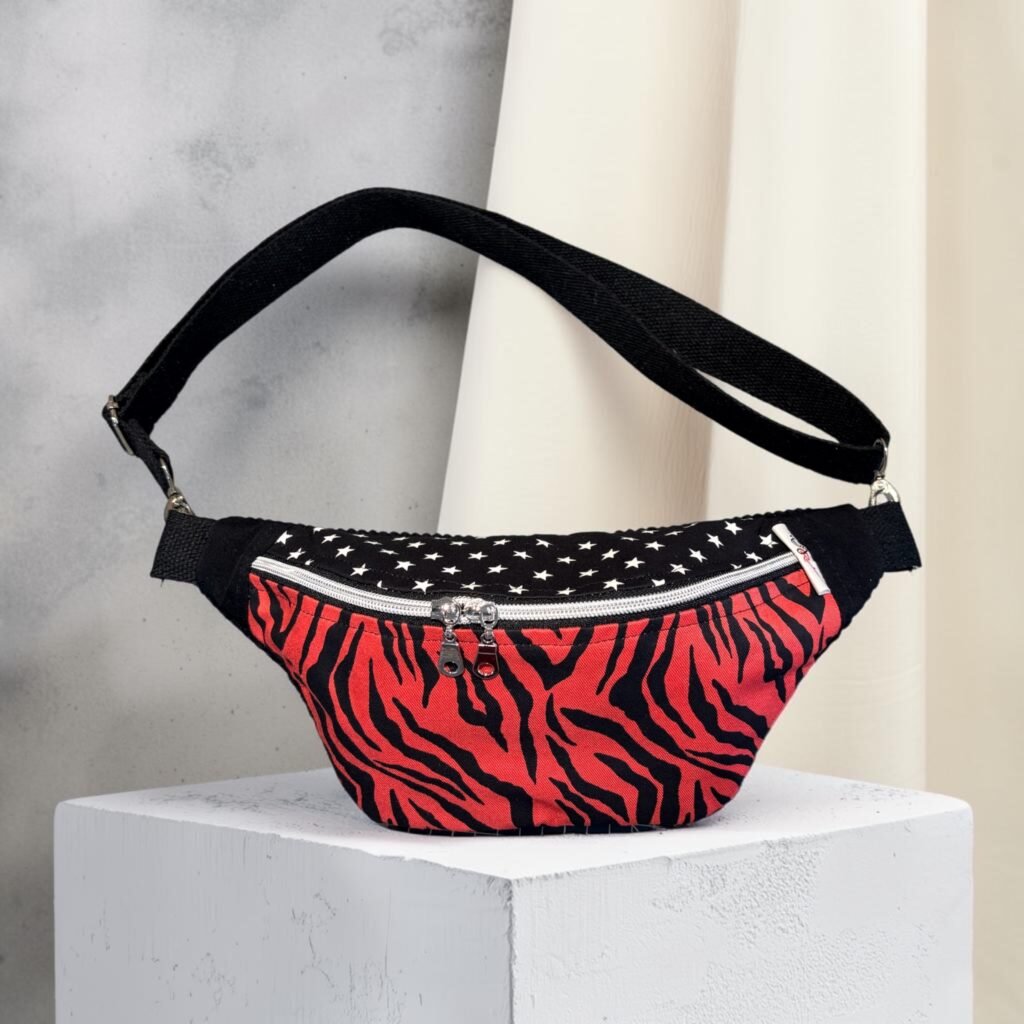 Sac banane femme Axel zébré rouge noir avec étoiles blanches en coton et velours côtelé